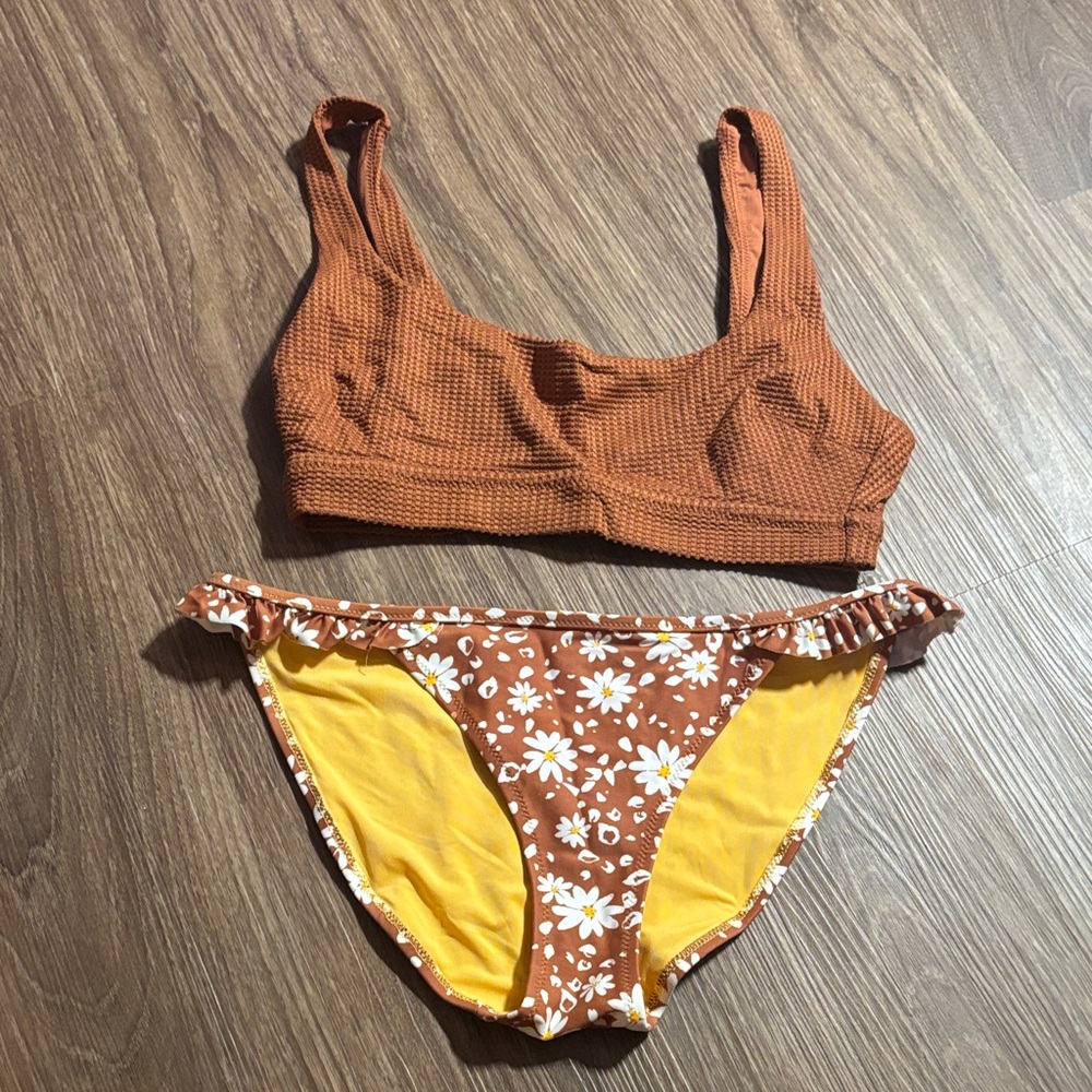 Aerie Brown and White Floral Bikini Set Small